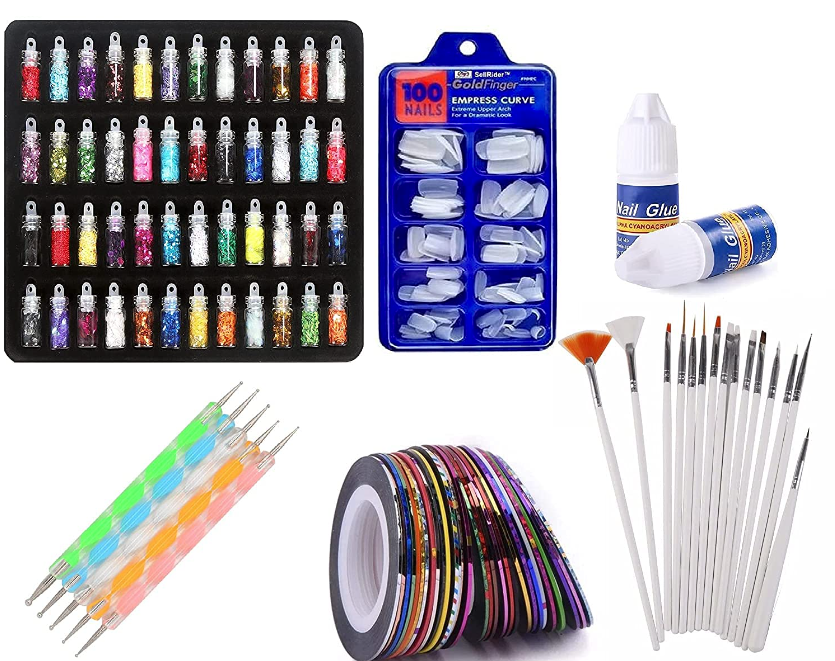 Nail Art Kit - 48 Pcs Glass Bottles Glitter Stones, 100 Nails,10 Nail Tapes, 15 Nail Art brush, 5 Nail Dotting Pen with 2 Glue (Nail Art Kit)
