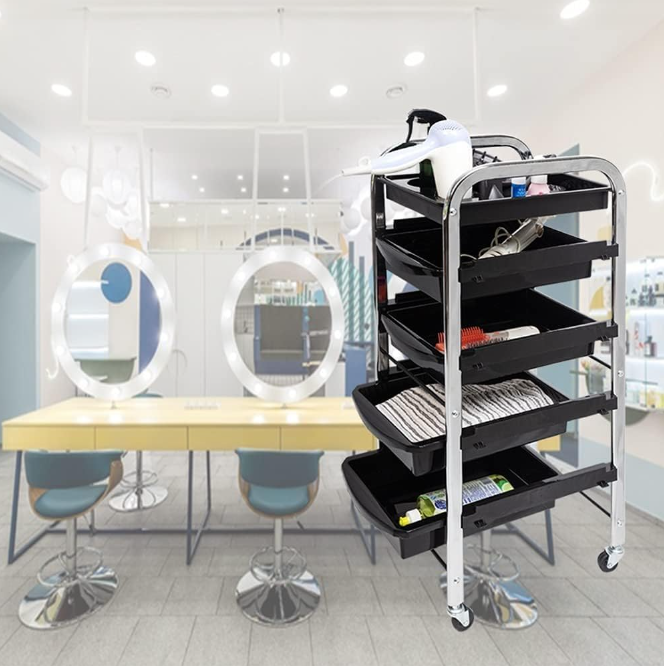 Seelver Frame Storage Trolley Hairdresser Cart Barber Beauty Hairdressing Mobile Serving Cart with 5 Drawers for Salon Spa, Black