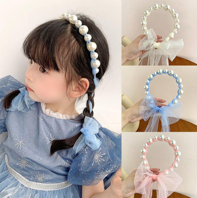 Multicolor Pearl Headband Children Streamer Hair Accessories Baby Cute Princess Headband With Ribbon For Girls (Random Color)
